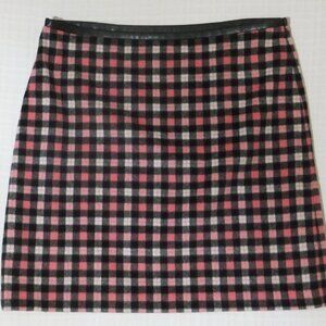 Talbots Skirt Womens 16 Pink Black Plaid Wool Blend Faux Leather Trim Lined Zip